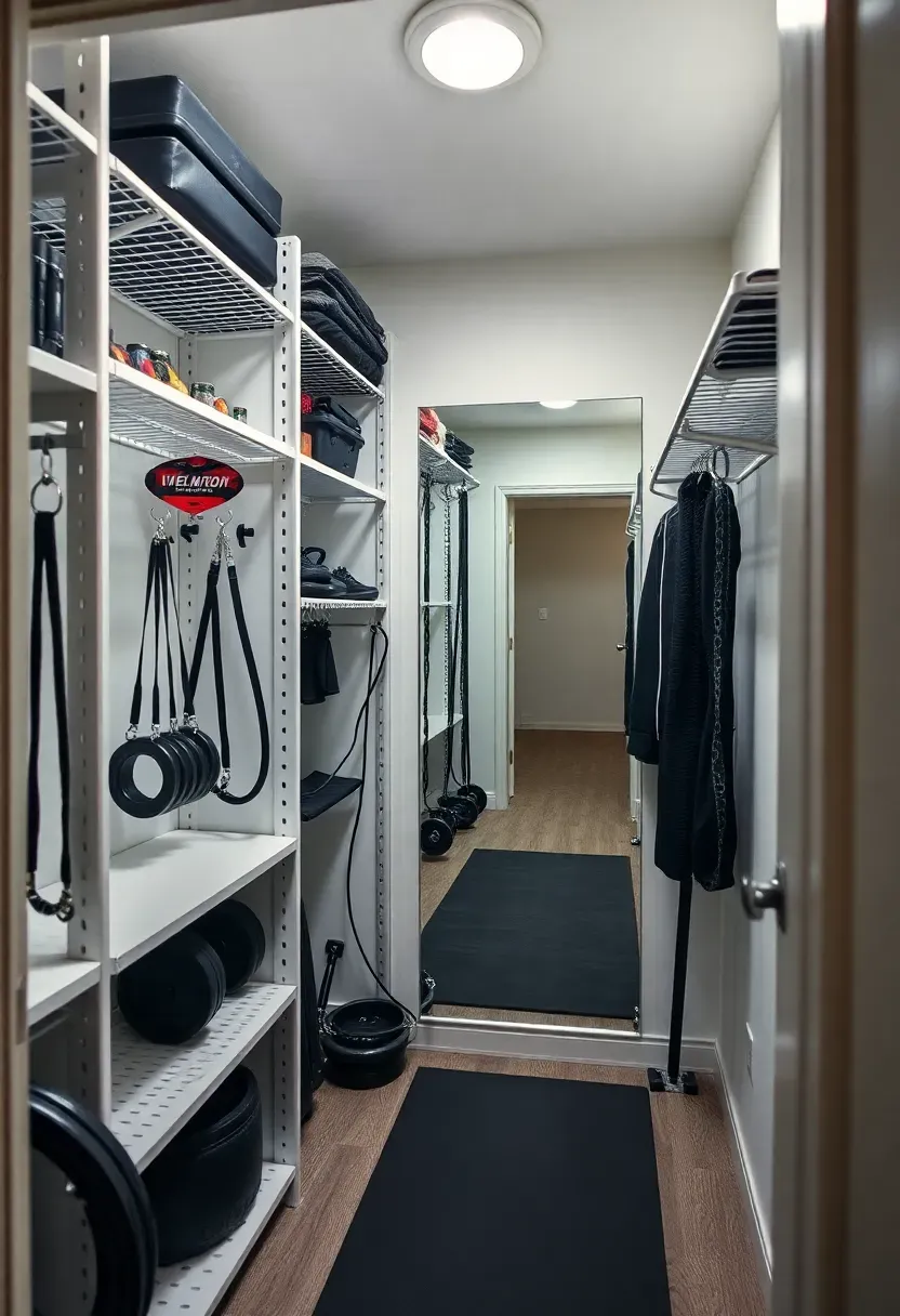 Walk-in closet converted into a home gym with repurposed shelving holding weights and resistance bands, bright LED lighting, and a full-length mirror on the back wall