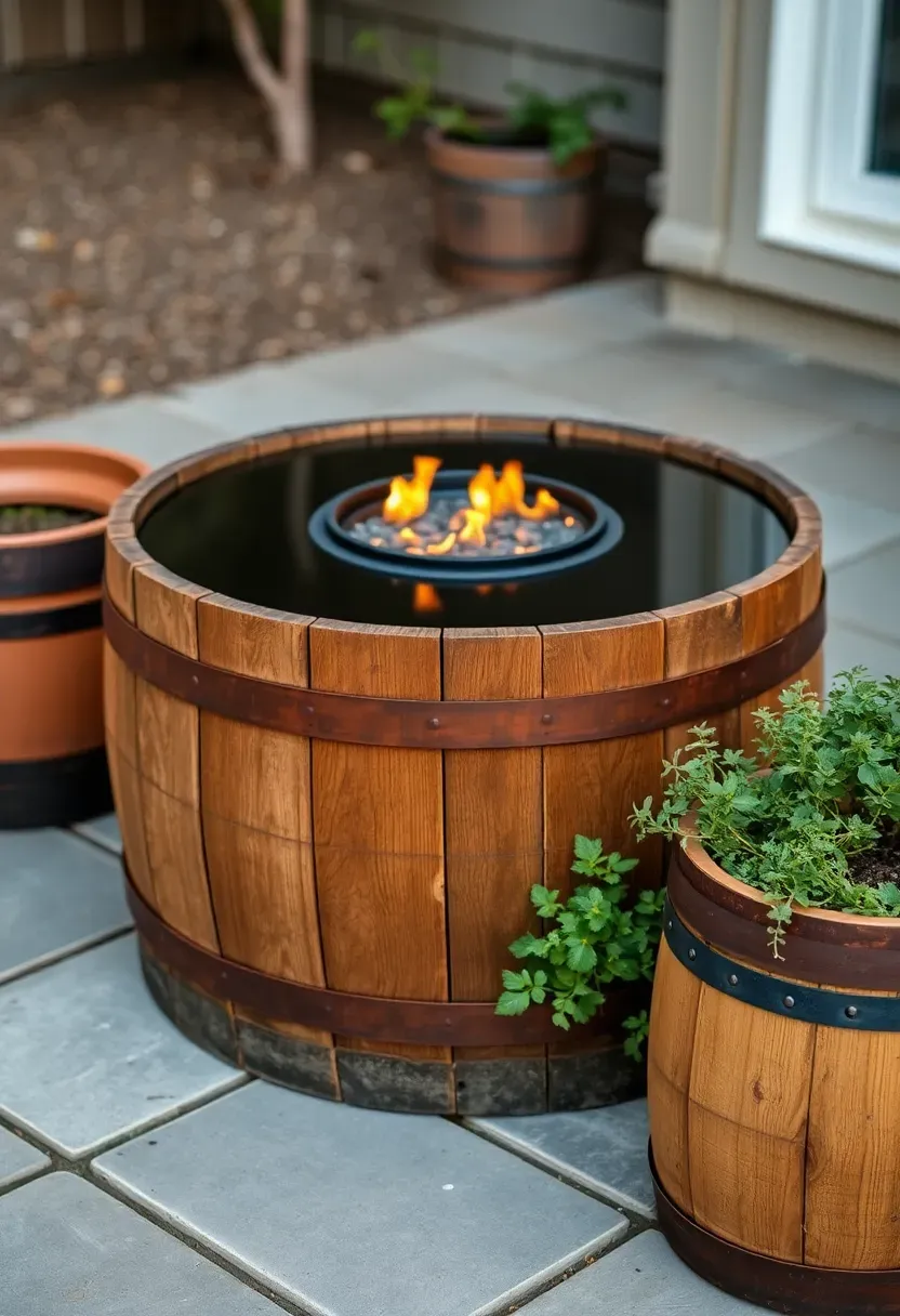 A recycled wine barrel converted into a fire table with a gas burner insert on a small patio