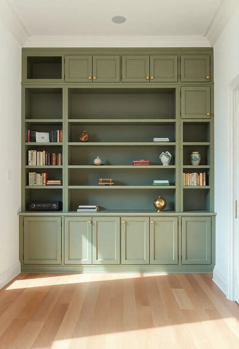 Hyper-realistic view of minimalist living room with floor-to-ceiling sage green built-in bookshelves and cabinets, white walls, light wood floor, few carefully chosen objects on shelves. Materials: sage green painted cabinetry with brass hardware, white walls, oak floor. Natural light, serene organized mood. Clean architectural composition, shallow depth of field, no text, no logos.</p>