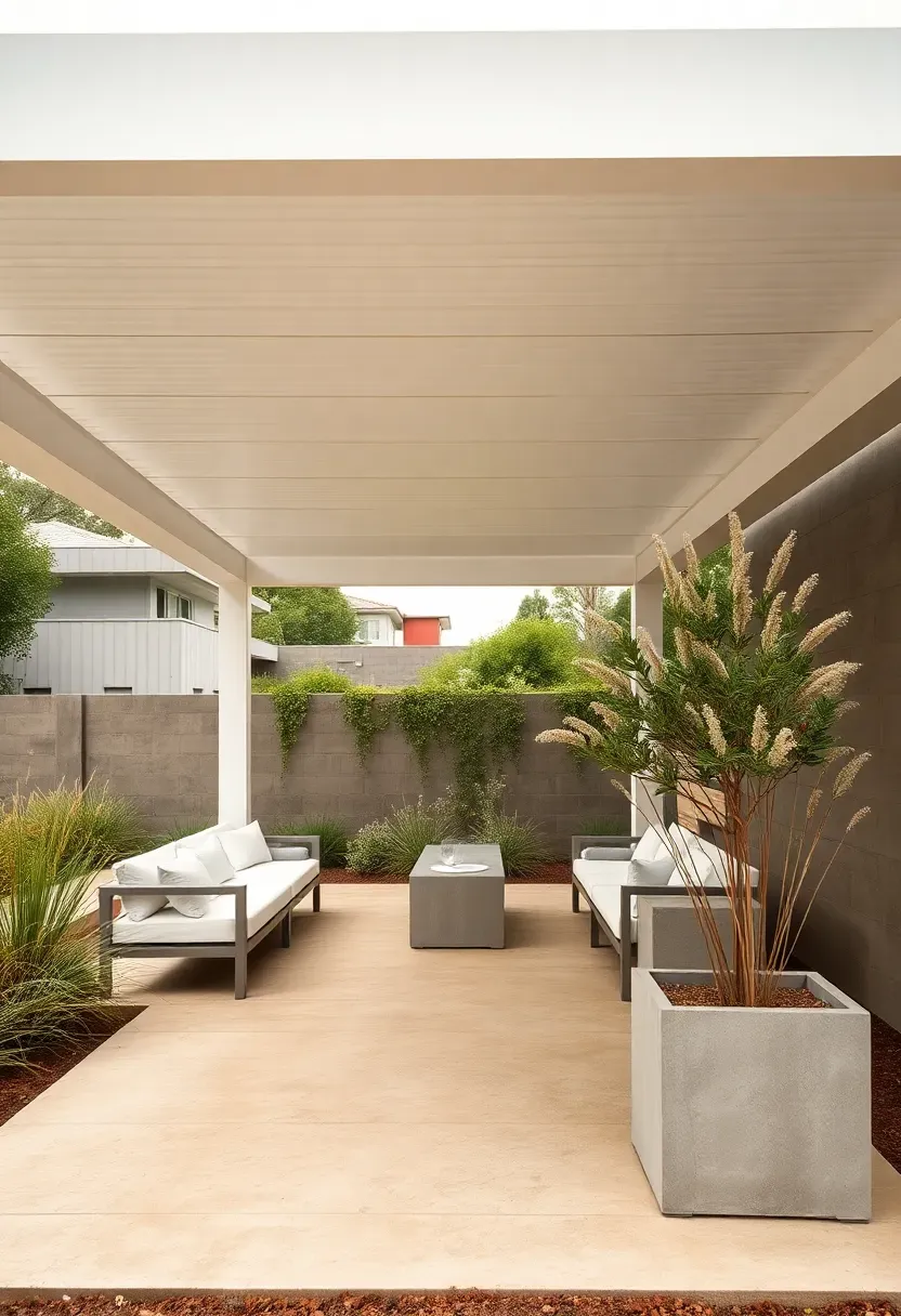 A sleek modern flat roof pavilion with a white painted steel frame and a built-up membrane roof, minimalist outdoor furniture, a concrete pad, and ornamental grasses around the edges