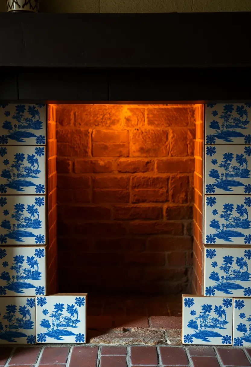 blue and white delft tiles surrounding a colonial fireplace opening with a simple wood mantel