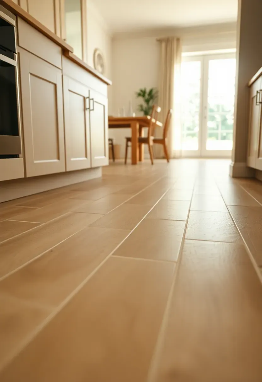 Kitchen floor with large-format warm beige porcelain tiles in a staggered layout, seamlessly connecting to a light oak dining area