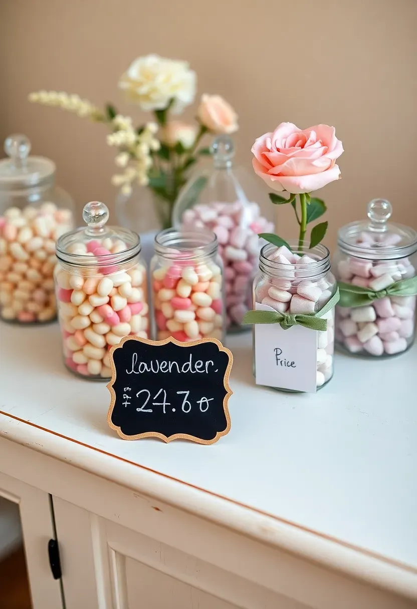 Floral candy sweet bar with apothecary jars and pastel spring candies for baby in bloom baby shower