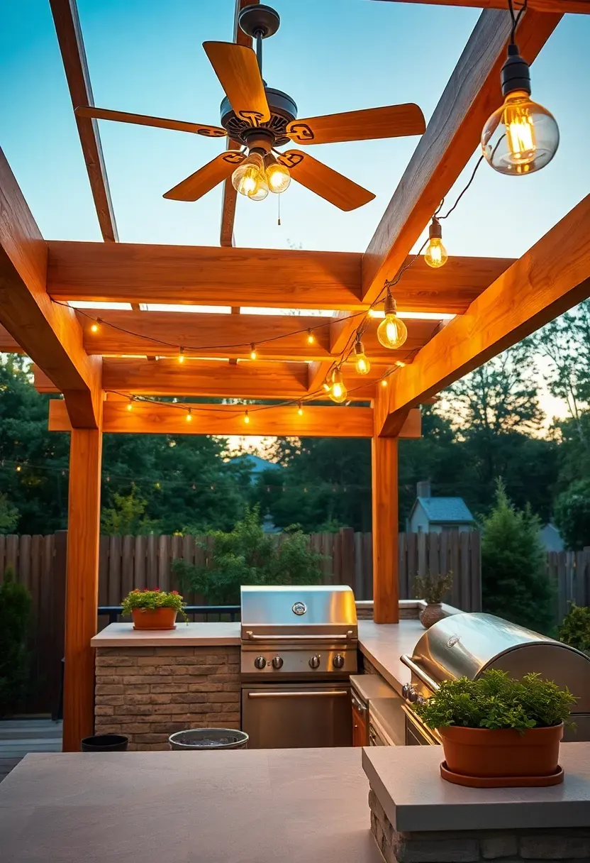 Outdoor kitchen beneath a wooden pergola with string lights and ceiling fan overhead on a warm summer evening