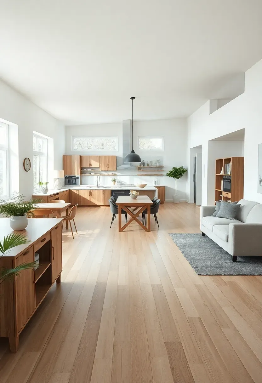 Hyper-realistic wide shot of Scandinavian open floor plan living space. Kitchen, dining, and living areas visible in one continuous flow. Light wood floor running throughout all zones, white walls creating continuity. Kitchen island delineating cooking zone, dining table with chairs, sofa area with rug definition. Natural light flowing from windows across entire open space. Open connectivity mood showing how distinct activities coexist harmoniously without walls, visual flow uninterrupted while subtle zoning created through furniture placement.</p>