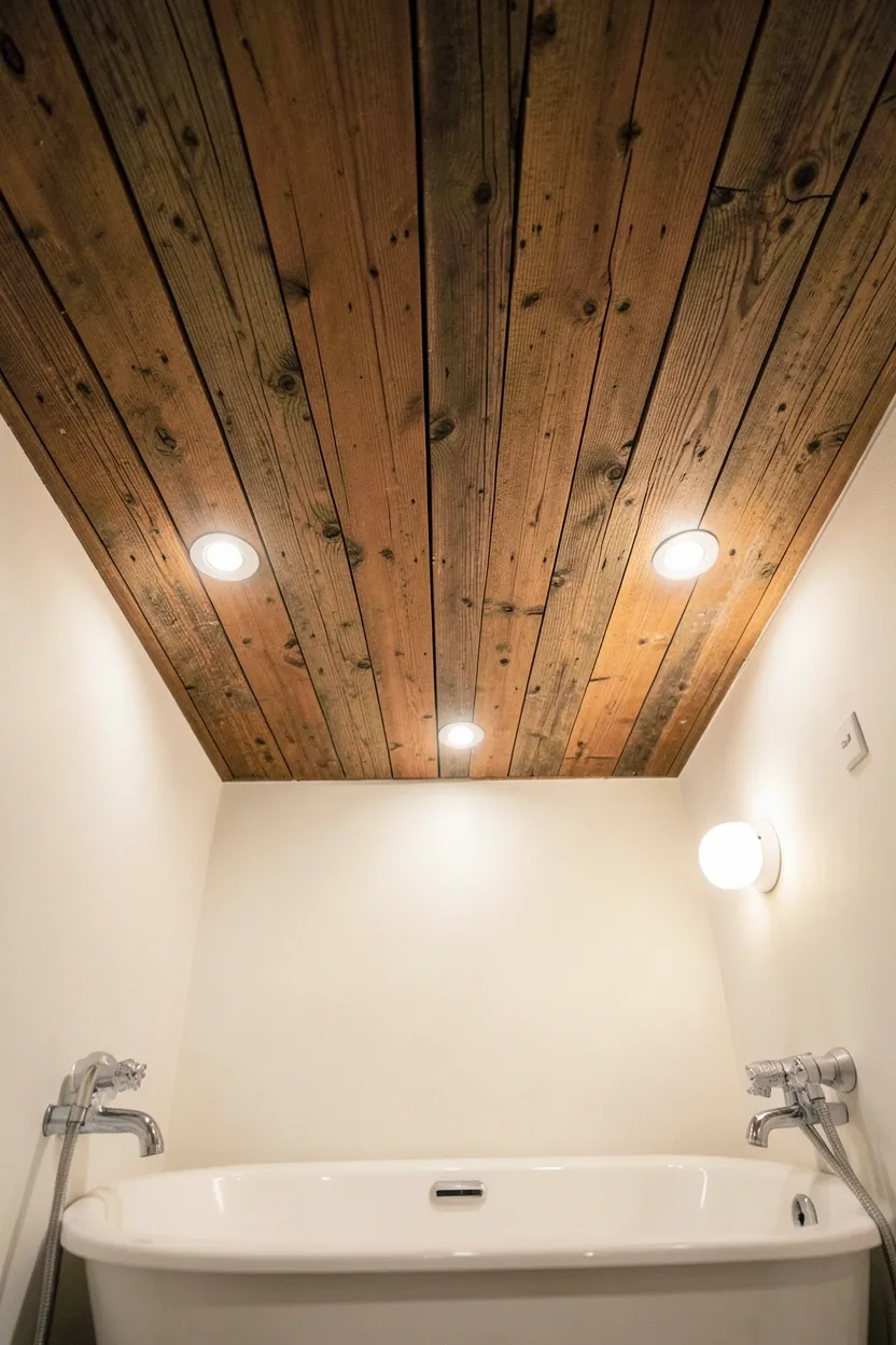 Hyper-realistic eye-level photograph looking upward at rustic bathroom ceiling featuring wood plank paneling with visible grain and aged patina, recessed lighting, white walls visible below, white freestanding tub. Warm ambient lighting. Materials: reclaimed oak wood planks, plaster, recessed lights, porcelain tub, white fixtures. Authentic wood ceiling details. Cozy enveloping atmosphere. No text, no logos, no watermarks.</p>