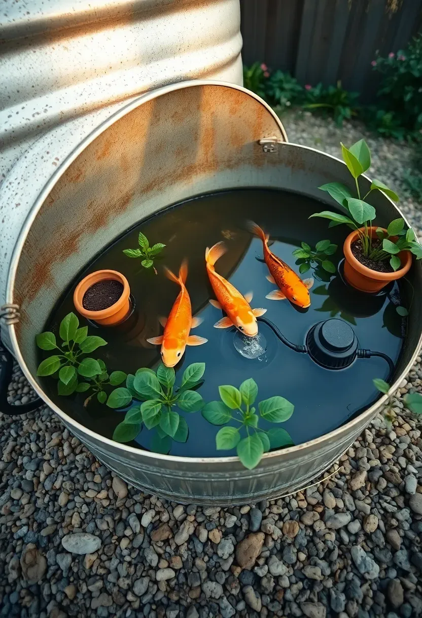 Galvanized stock tank converted into a small koi pond on a gravel patio with aquatic plants and two koi