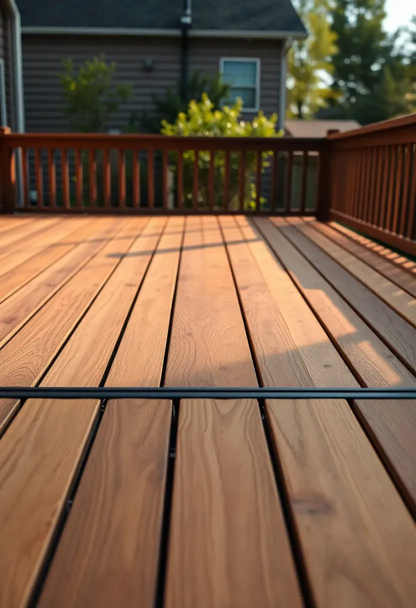 Backyard deck with two-tone wood design featuring a darker border inlay frame around lighter center boards in a geometric pattern