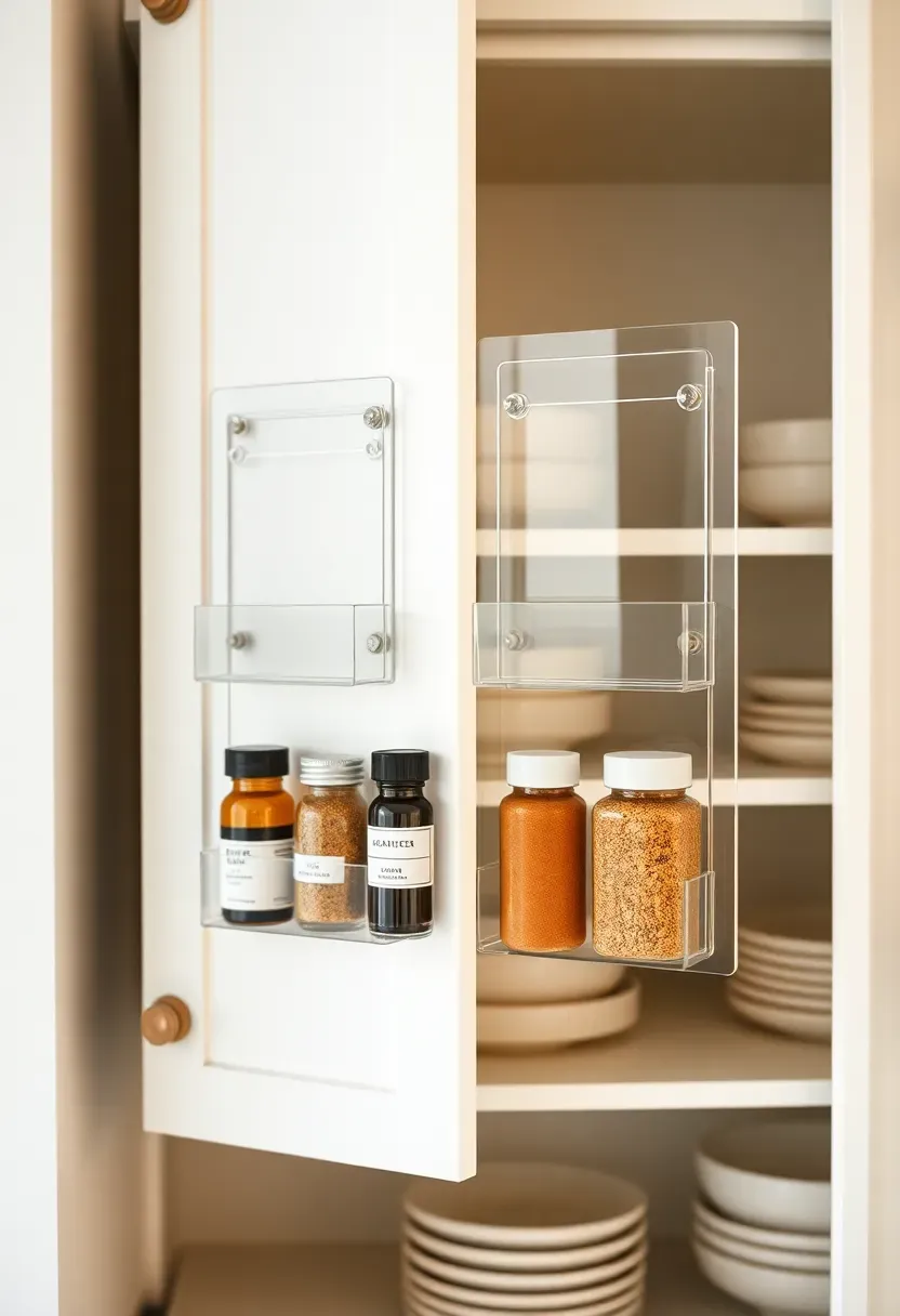 cabinet door with mounted clear organizers for spices and small bottles on the inside