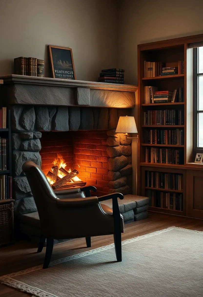 Hyper-realistic 3/4 view of cozy reading corner with fireplace, armchair with side table, bookshelves flanking fireplace, warm fire glow, books. Materials: stone fireplace surround, leather chair, wood shelves, mixed books, brass lamp, wool rug. Warm firelight (2600K) creating flickering shadows, ambient fill from nearby window. Shallow depth of field focusing on chair and fireplace, sharp details, intimate cozy mood, visible built-in shelving. No text, no logos, no watermarks.</p>