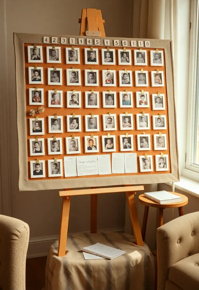 framed childhood photos of baby shower guests arranged on a display board with numbered labels