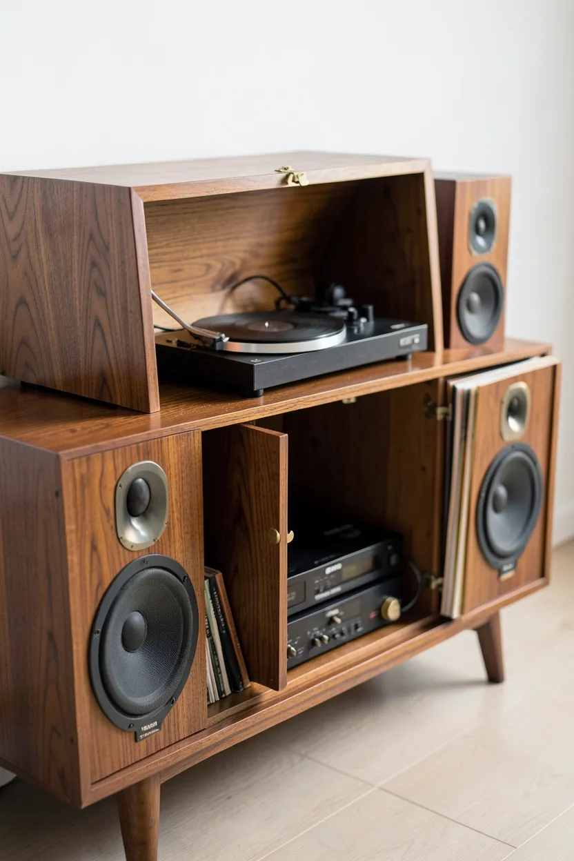 Mid-century teak record player cabinet with integrated speakers and displayed vinyl records in a vintage Scandinavian living room