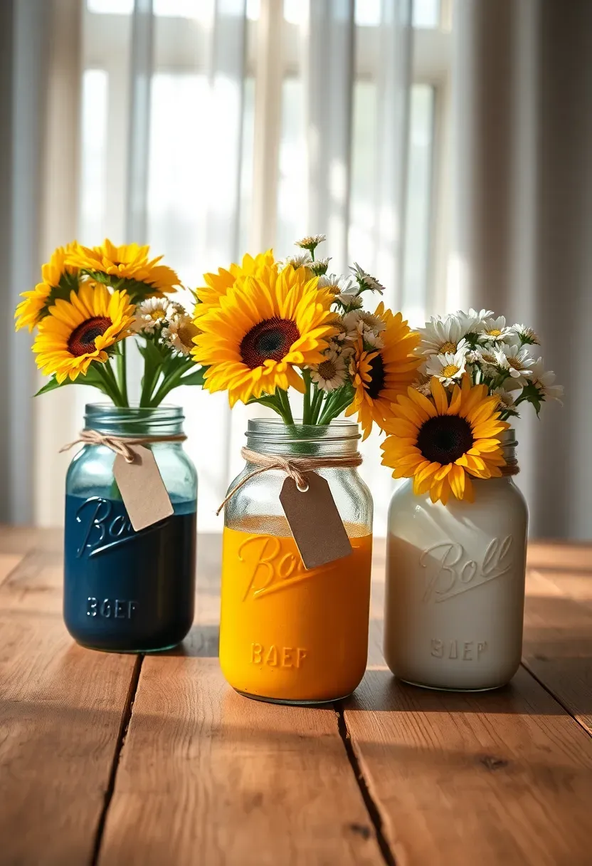 Mason jar flower bouquet painted in school colors with burlap wrap and graduation year tag