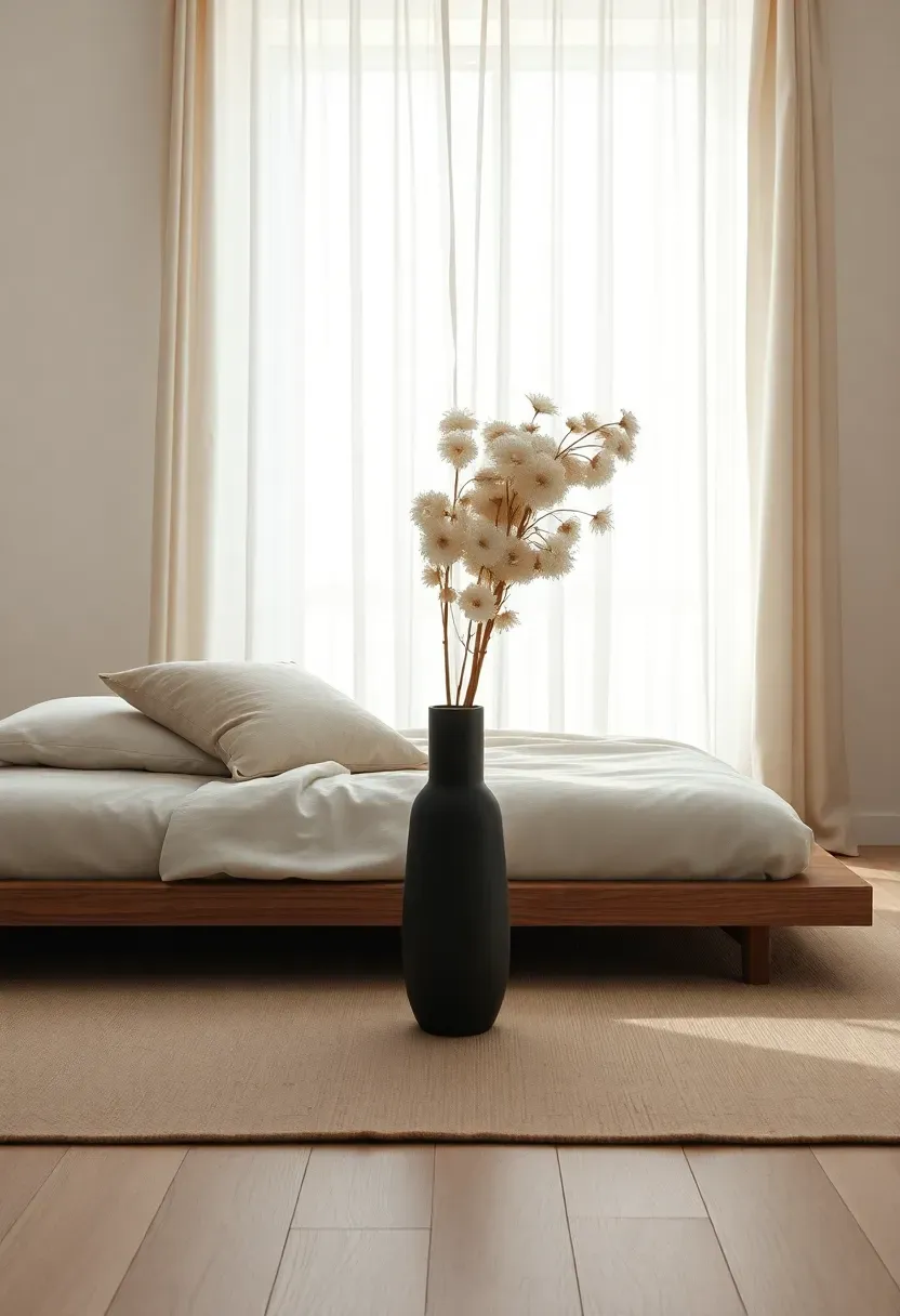 Scandinavian wabi-sabi masculine bedroom with raw linen bed and ceramic vase with pampas