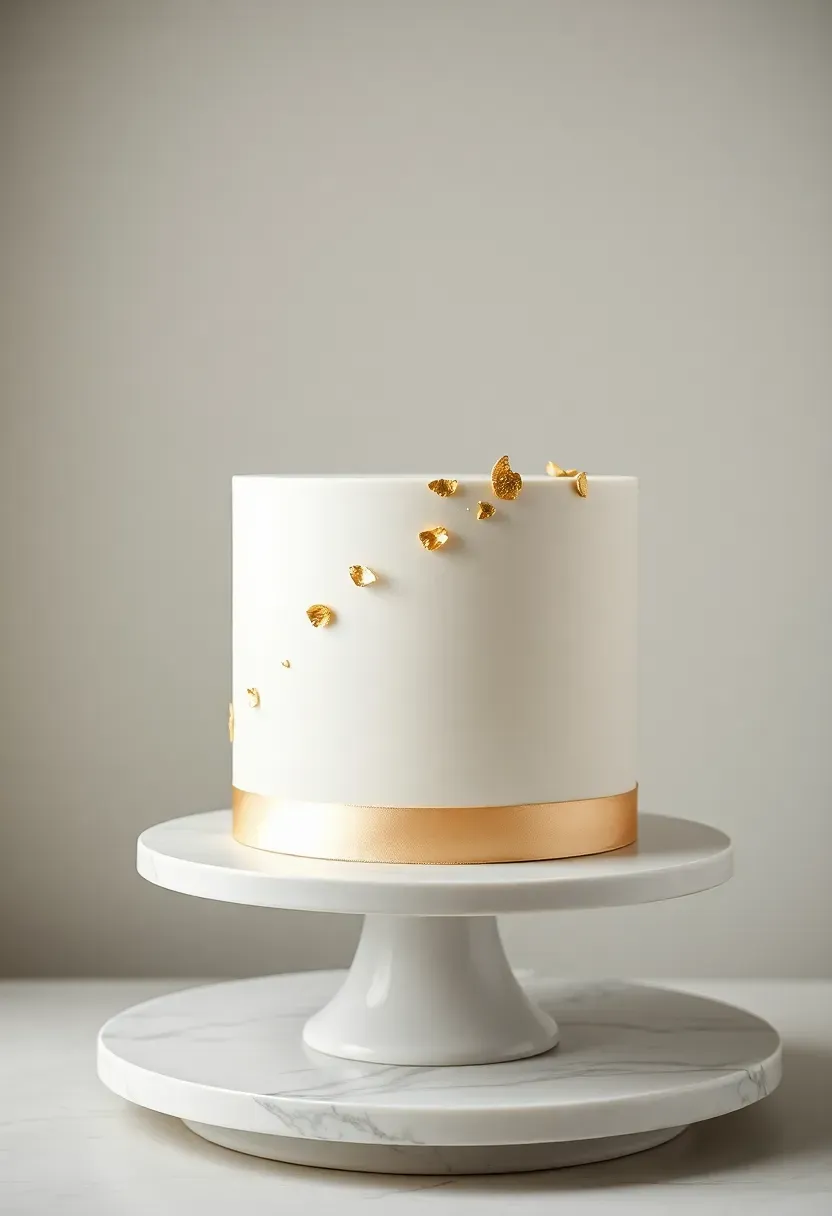 minimalist white baby shower cake with smooth fondant finish and delicate gold leaf accents scattered across one side on a modern marble stand