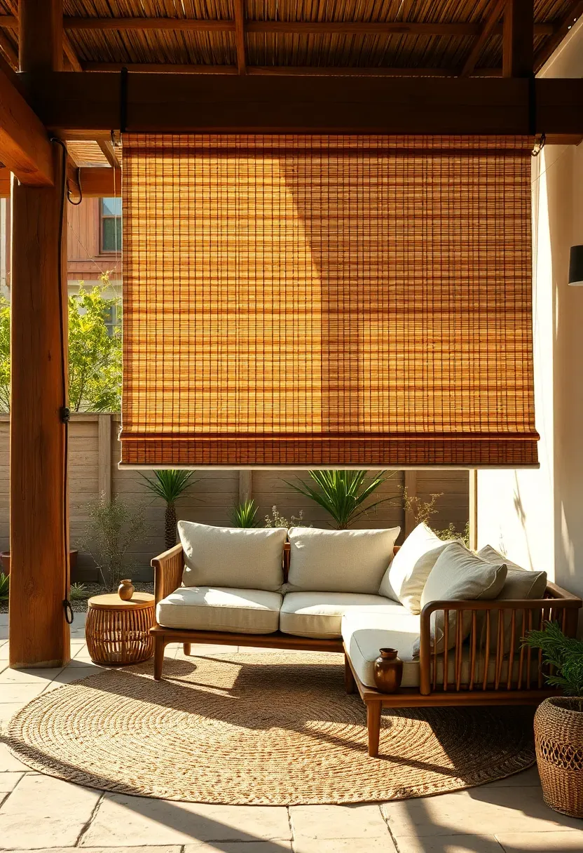 Rolled bamboo blinds mounted under a patio pergola filtering warm light onto outdoor seating below