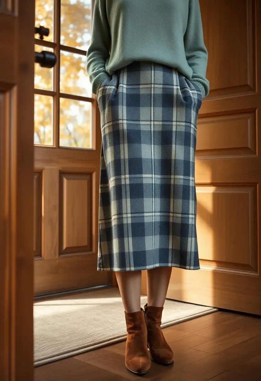 plaid midi skirt with a soft cashmere sweater and ankle boots at a cosy autumn baby shower