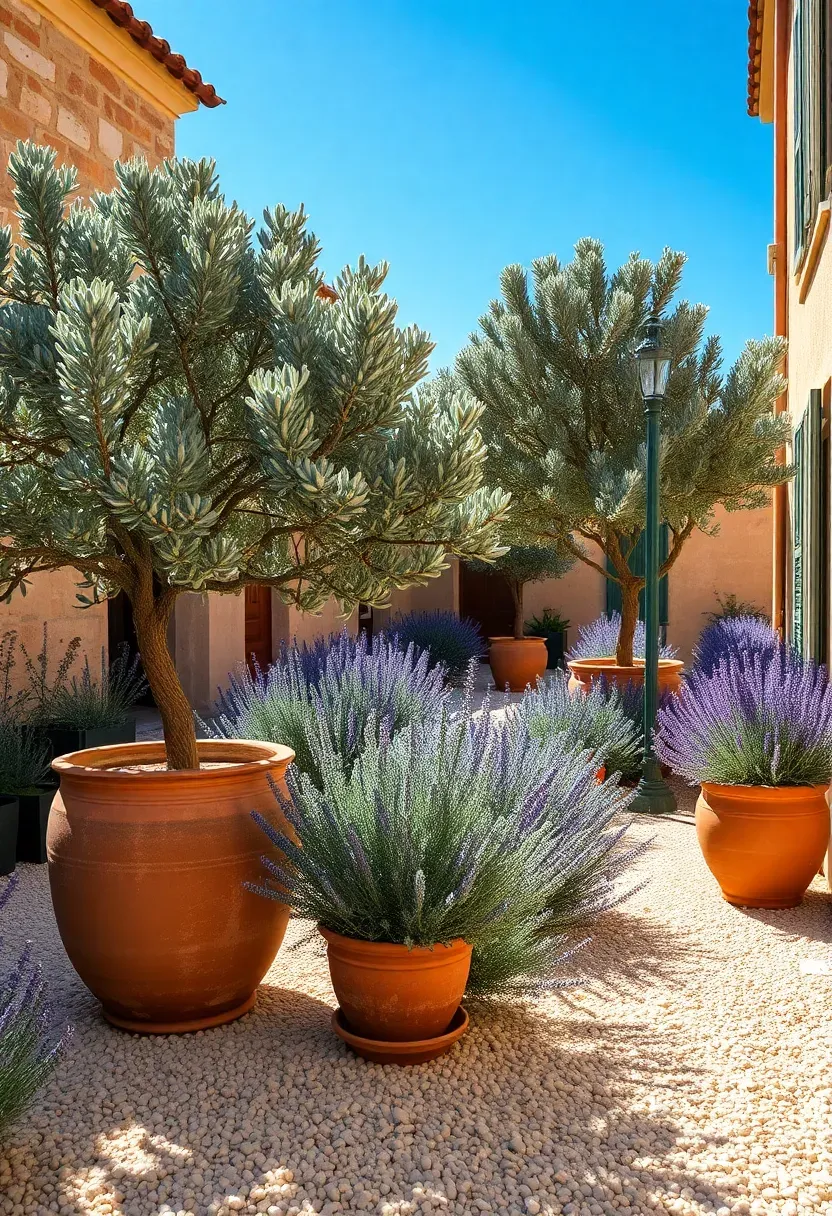 Sun-drenched Mediterranean courtyard garden with terracotta pots, silvery olive trees, lavender borders, and a gravel floor under a blue sky
