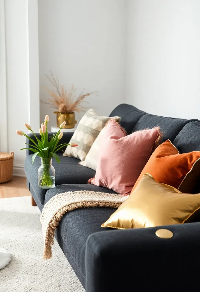 Hyper-realistic 3/4 view of neutral living room with dark grey couch, cream rug, white walls, and mix of seasonal accent pillows: soft pink spring pillow, rust autumn throw pillow, and gold metallic holiday pillow. Materials: charcoal fabric, cream wool rug, pink velvet, rust linen, gold metallic pillow, glass vase with fresh tulips. Bright natural daylight, versatile neutral base. Seasonal versatility mood like adaptable home. Shallow depth of field, visible pillow texture mix and fresh flowers. No text, no logos, no watermarks.</p>