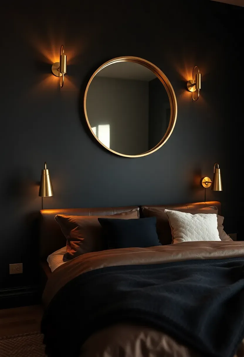 dramatic modern bedroom with a matte black painted accent wall featuring brass wall sconces and brass framed mirror behind a leather upholstered bed