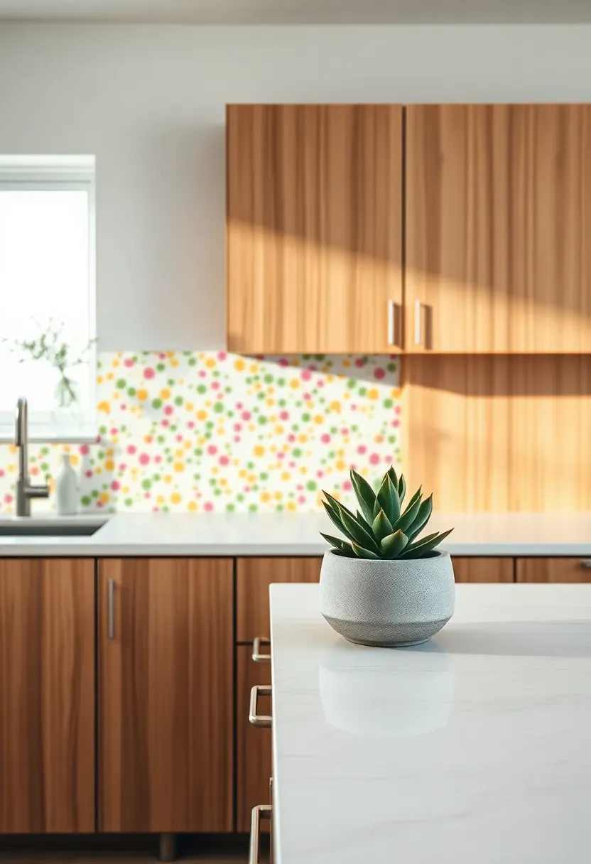 terrazzo-look porcelain tile backsplash with colorful chips on white base behind a contemporary kitchen with oak cabinets
