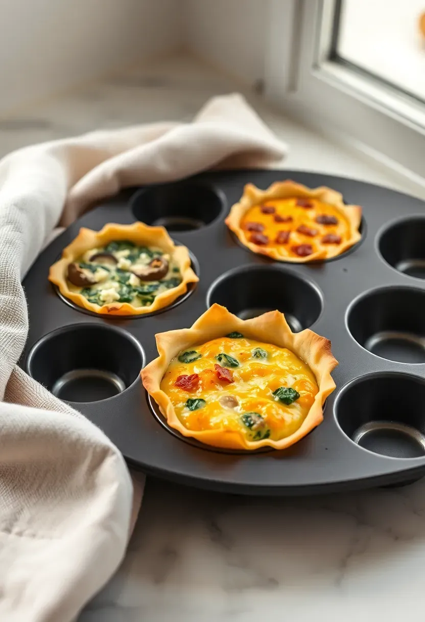 assortment of individual quiche cups in a muffin tin with different fillings including spinach mushroom and bacon on a kitchen counter
