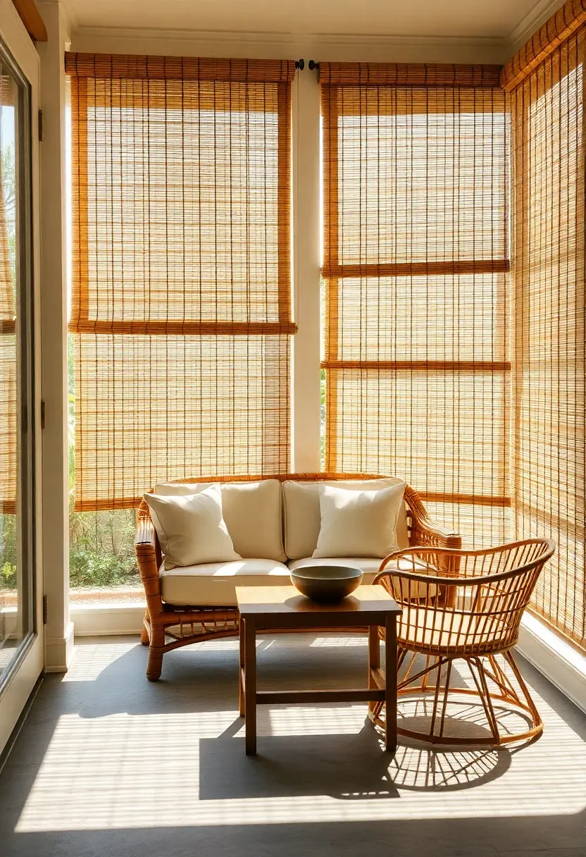 Bamboo roll-up shades mounted on porch openings creating filtered natural light in a relaxed sun room