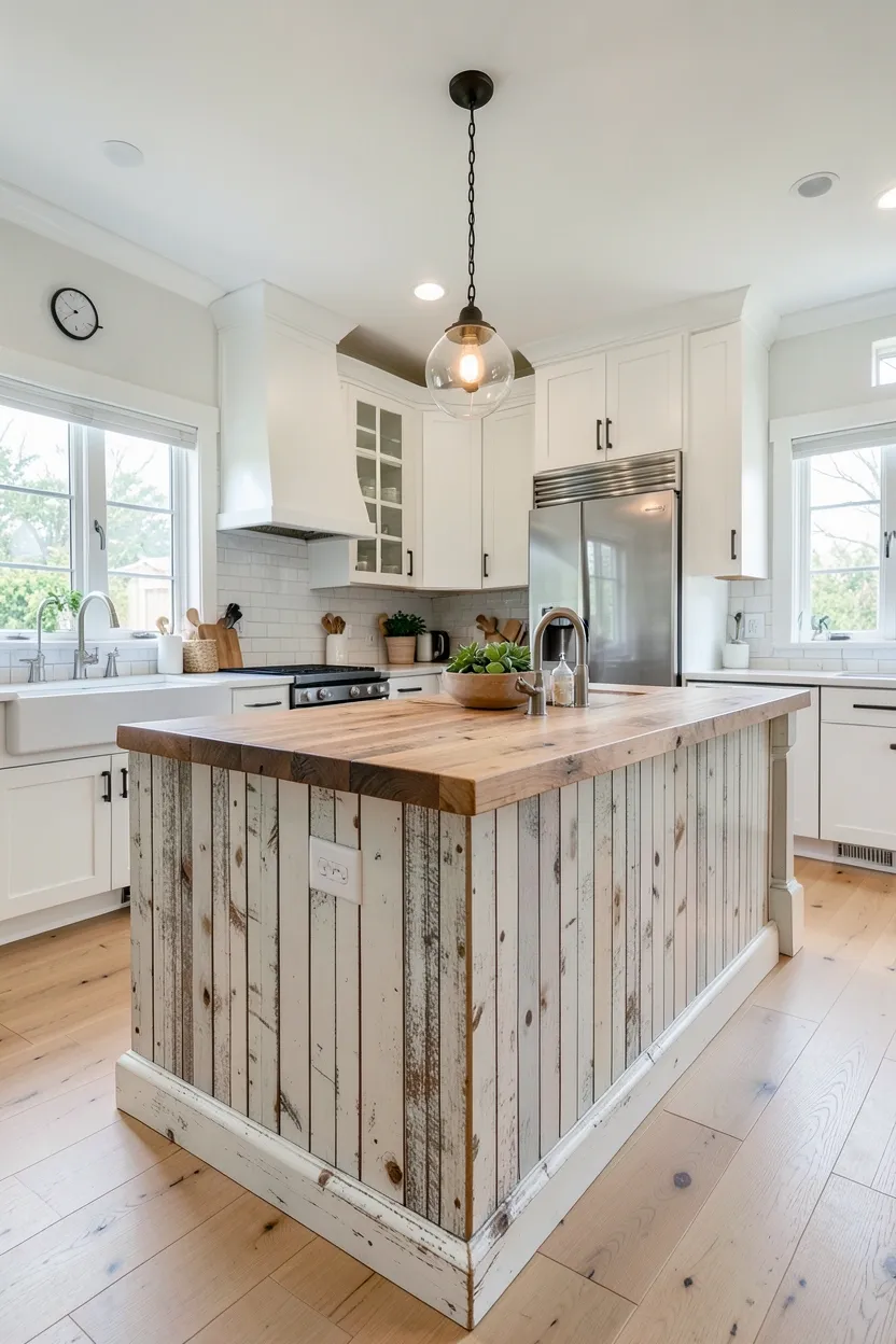 Butcher Block Island with Weathered Beadboard Base