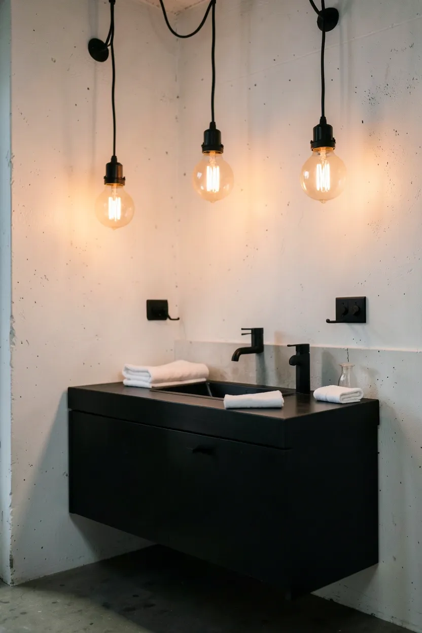Hyper-realistic eye-level photograph of industrial bathroom featuring exposed Edison bulb fixtures. Three pendant lights with warm orange filaments visible through clear glass, black metal sockets and wire connections, white concrete walls, matte black vanity with white towels folded, concrete floor. Materials: warm Edison bulbs with visible filaments, black metal fixtures, polished concrete walls, matte black ceramic sink, white cotton towels. Warm ambient lighting creating cozy glow, nostalgic industrial atmosphere. Shallow depth of field, sharp details on filament visibility and metal connections, balanced composition showing fixtures and vanity. No text, no logos, no watermarks.</p>