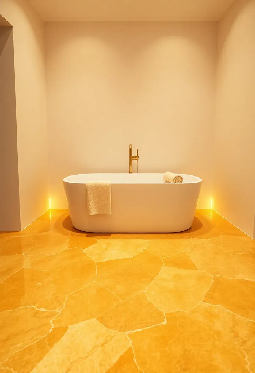 Warm-toned spa bathroom with polished onyx flooring, ambient uplighting, and a minimalist soaking tub