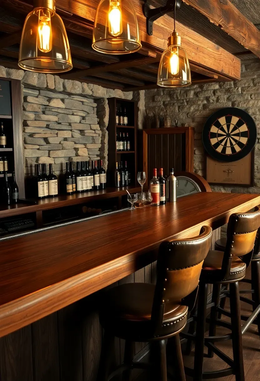 Rustic basement pub with dark wood bar counter, leather bar stools, stone accent wall, dartboard, and warm pendant lights