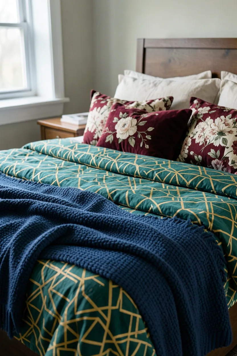 Hyper-realistic eye-level photograph of a maximalist bed with layered textiles featuring mixed patterns: large-scale geometric duvet in emerald and gold, smaller-scale floral throw pillows in ruby and cream, and textured knit blanket in deep sapphire blue. Materials: cotton geometric duvet, velvet floral pillows, wool knit blanket, linen pillow shams. Soft morning light filtering through window, highlighting fabric textures and pattern details. Coherent mood: rich and layered maximalist bedroom with carefully mixed patterns. Shallow depth of field, sharp details on textile patterns, balanced composition showing bed and room context. No text, no logos, no watermarks.</p>