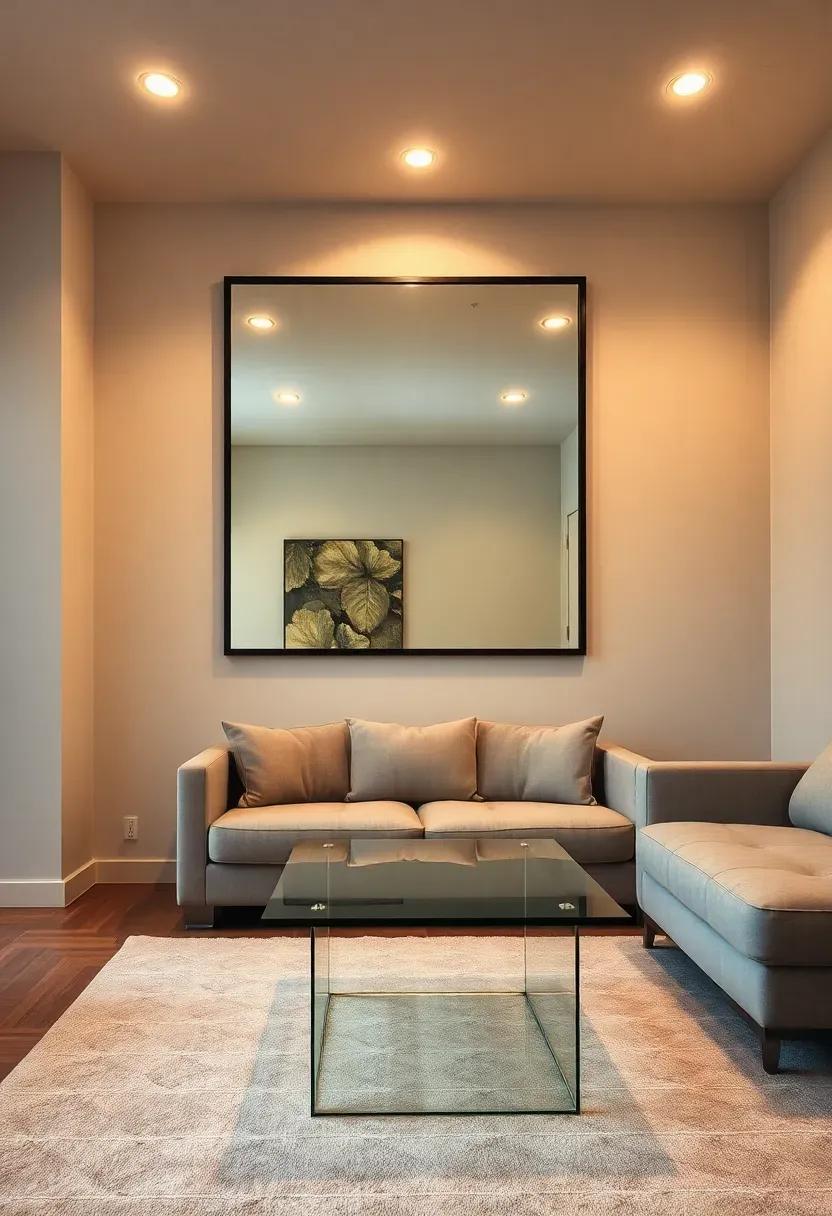 Basement apartment living area with a large wall-mounted mirror, glass coffee table, and light surfaces reflecting ambient light