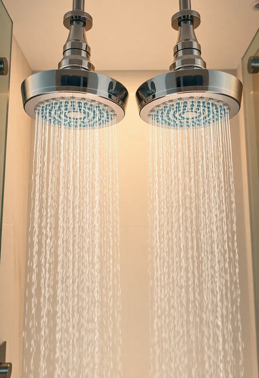 Double ceiling-mounted rainfall showerheads in a large frameless glass walk-in shower for an immersive luxury spa bathroom experience