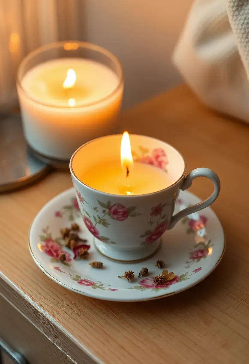 soy wax candle poured into a vintage floral teacup on a saucer with dried flowers