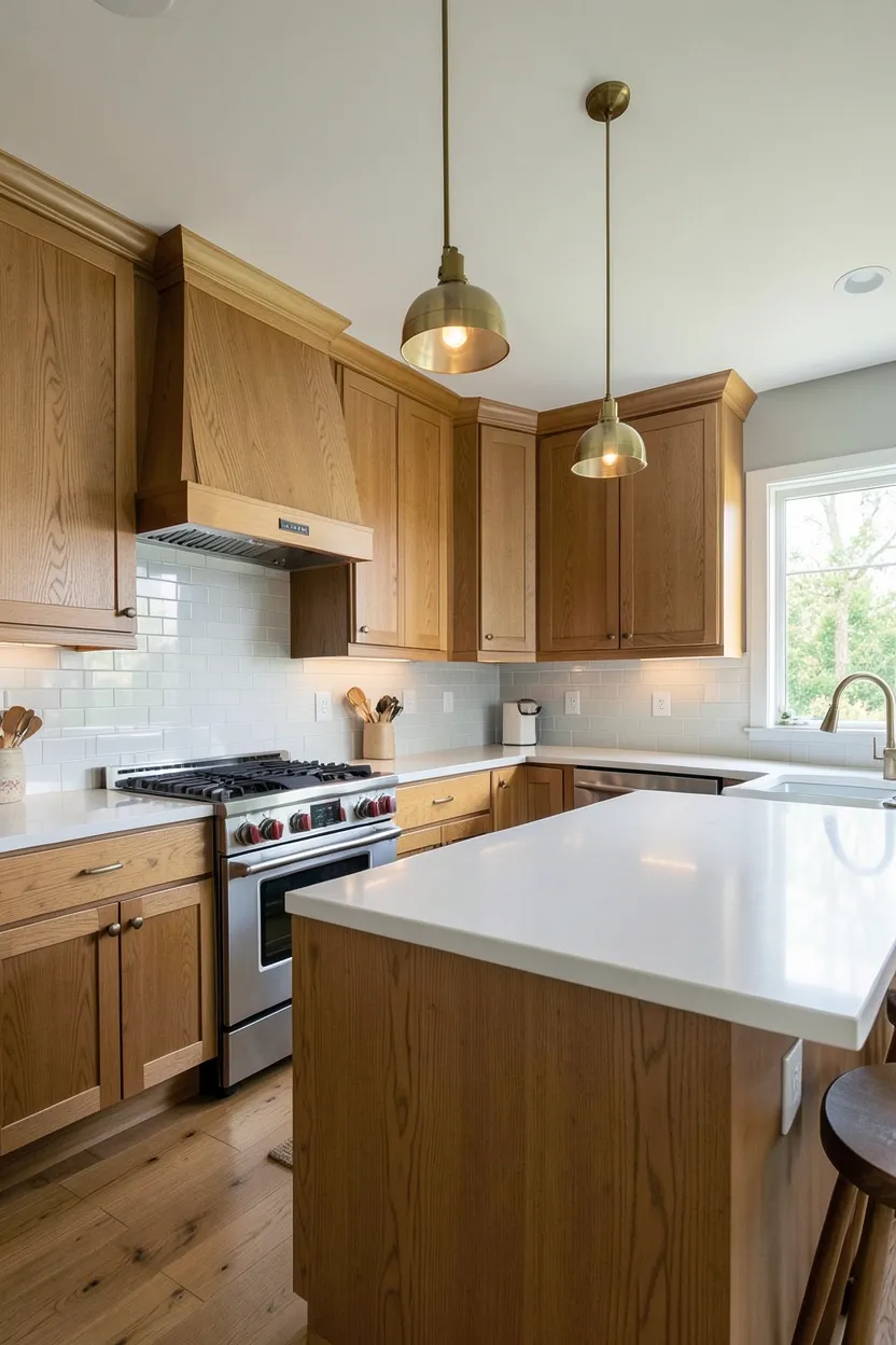 Complete warm wood kitchen with integrated appliances behind matching wood panels — seamless cohesive kitchen design