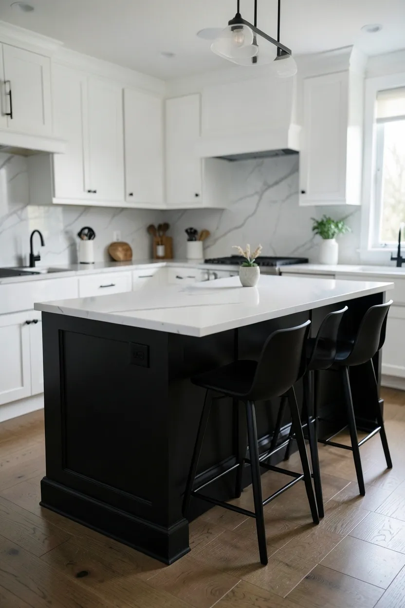 Bright kitchen with white shaker cabinets and matte black granite countertops, white subway tile backsplash and stainless appliances