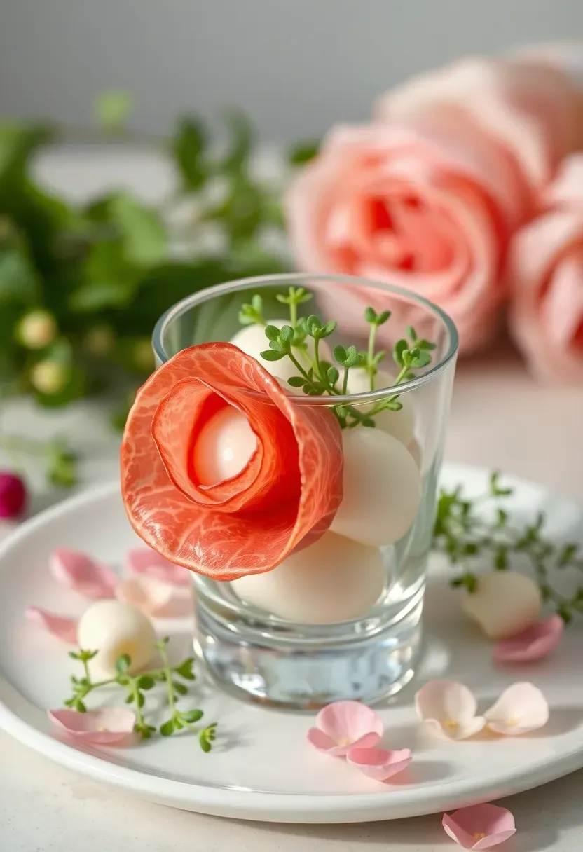 Prosciutto rose charcuterie cup with folded meat roses and mozzarella balls