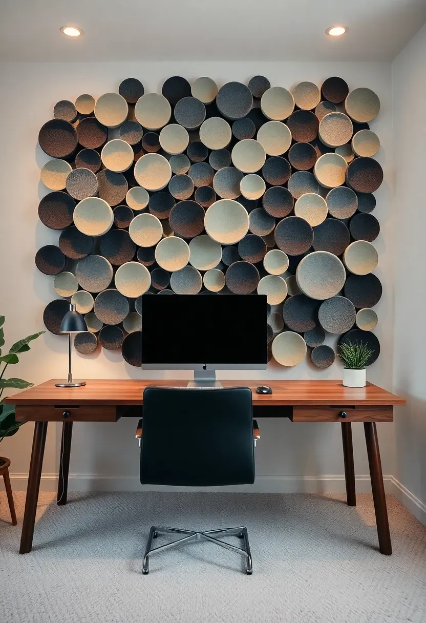 Modern home office with an acoustic felt sculpture accent wall featuring overlapping circular felt panels in grey, charcoal, and sage green tones