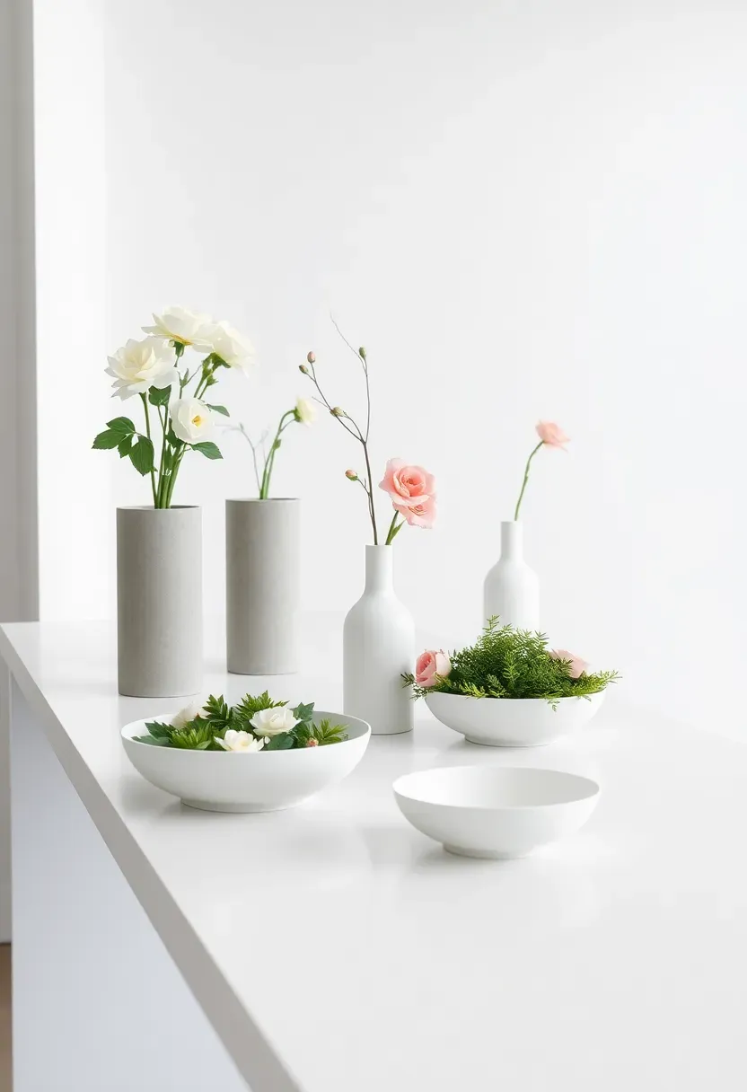 Minimalist modern flower bar with white and blush flowers in tall cylindrical concrete vessels on a sleek white table