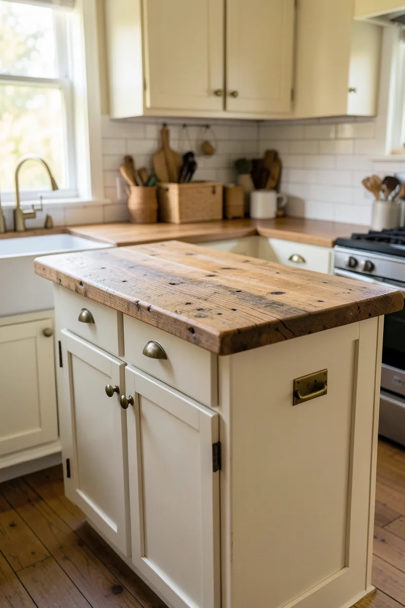 Reclaimed barn wood floating shelves and ceiling beams in a small cottage kitchen adding rustic character and warmth