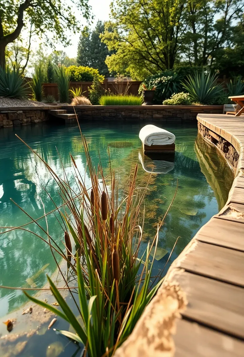 Natural swimming pool with reed-filtered regeneration zone surrounded by native grasses and a wooden deck in a backyard oasis setting