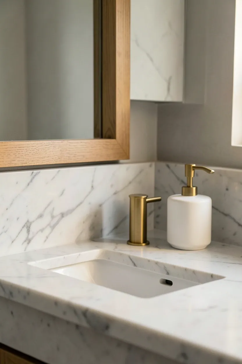 Honed Carrara marble vanity countertop with gray veining extending up the backsplash, brass faucet handles, and wood-framed mirror — natural stone aesthetic bathroom
