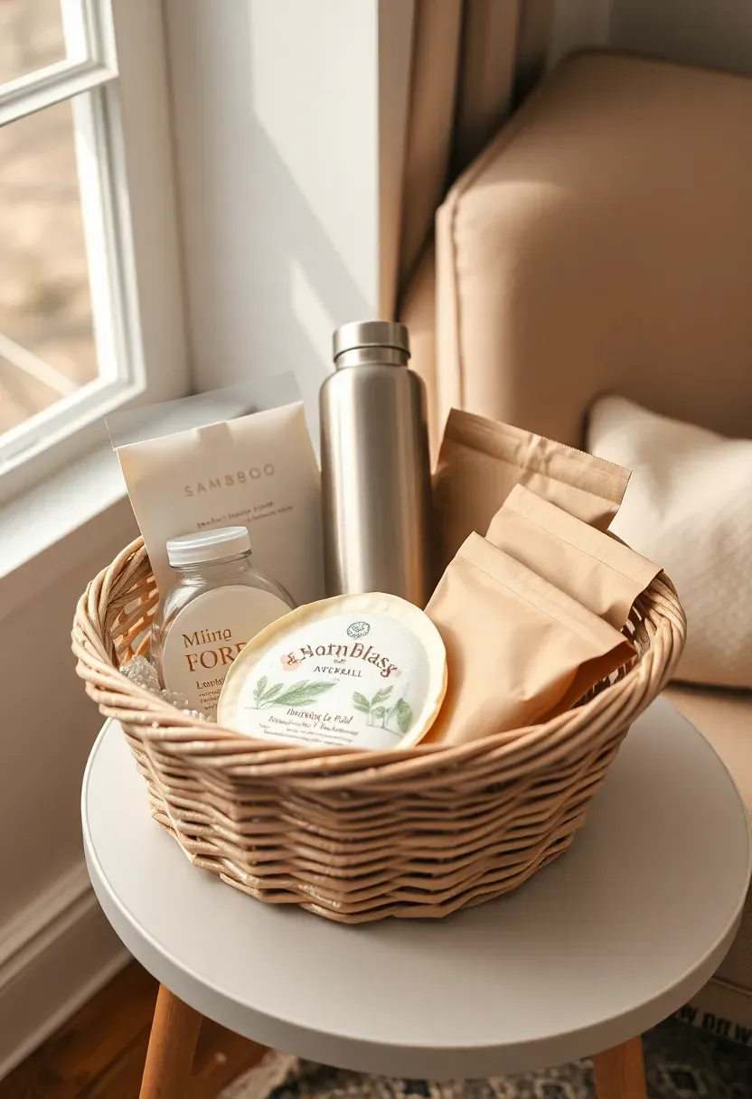 breastfeeding support gift basket with nursing pads nipple cream a water bottle healthy snacks and a supportive pillow cover in soft tones