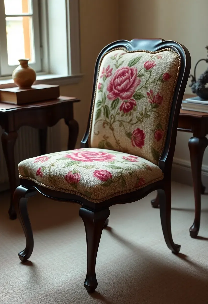 needlepoint upholstered colonial side chair with floral pattern and cabriole legs