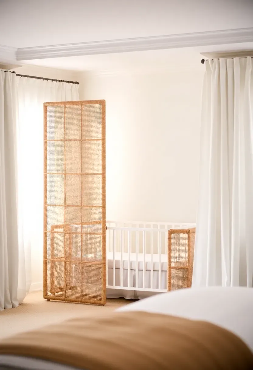 Natural rattan folding screen divider separating nursery corner from adult bedroom space in a cozy rental master bedroom