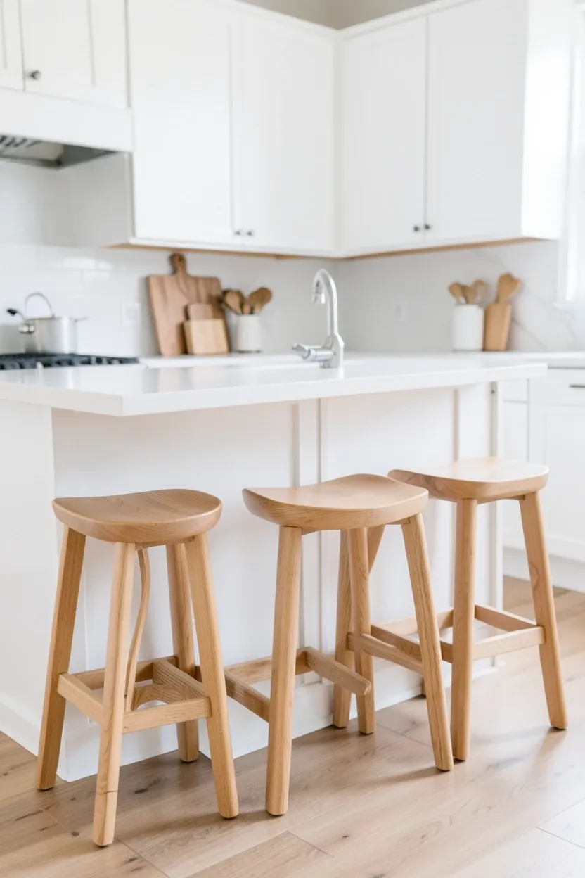 Wooden bar stools with natural oak seats pulled up to a white kitchen island, a renter-friendly way to add warmth without any permanent changes