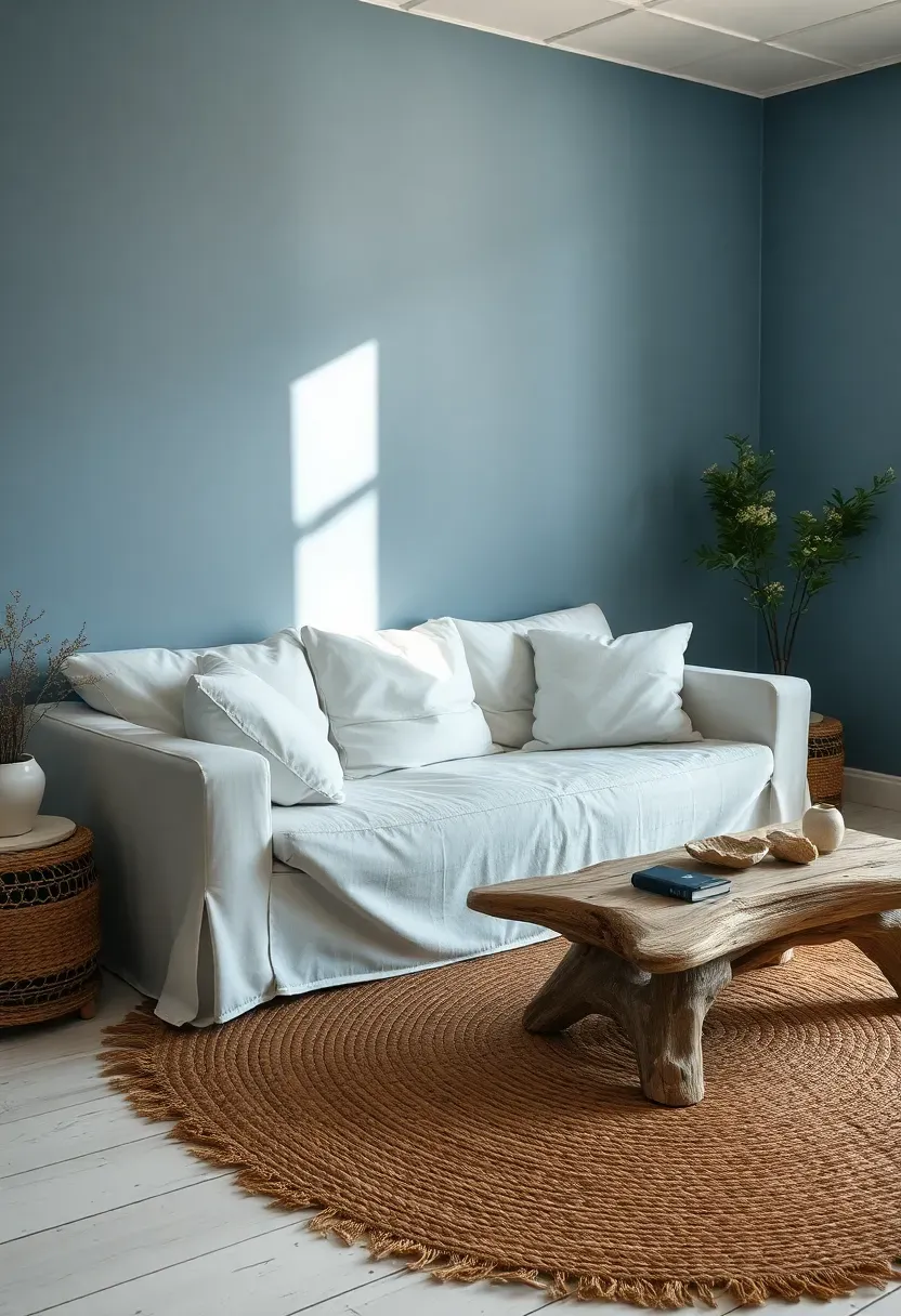 casual living room painted in faded denim blue with white sofa and woven jute rug