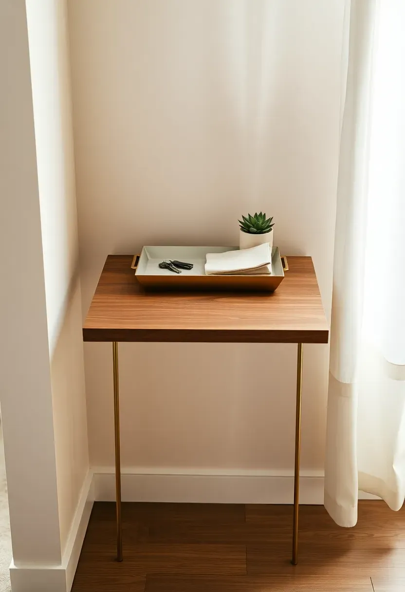 Slim floating console table with ceramic tray and plant in apartment entryway