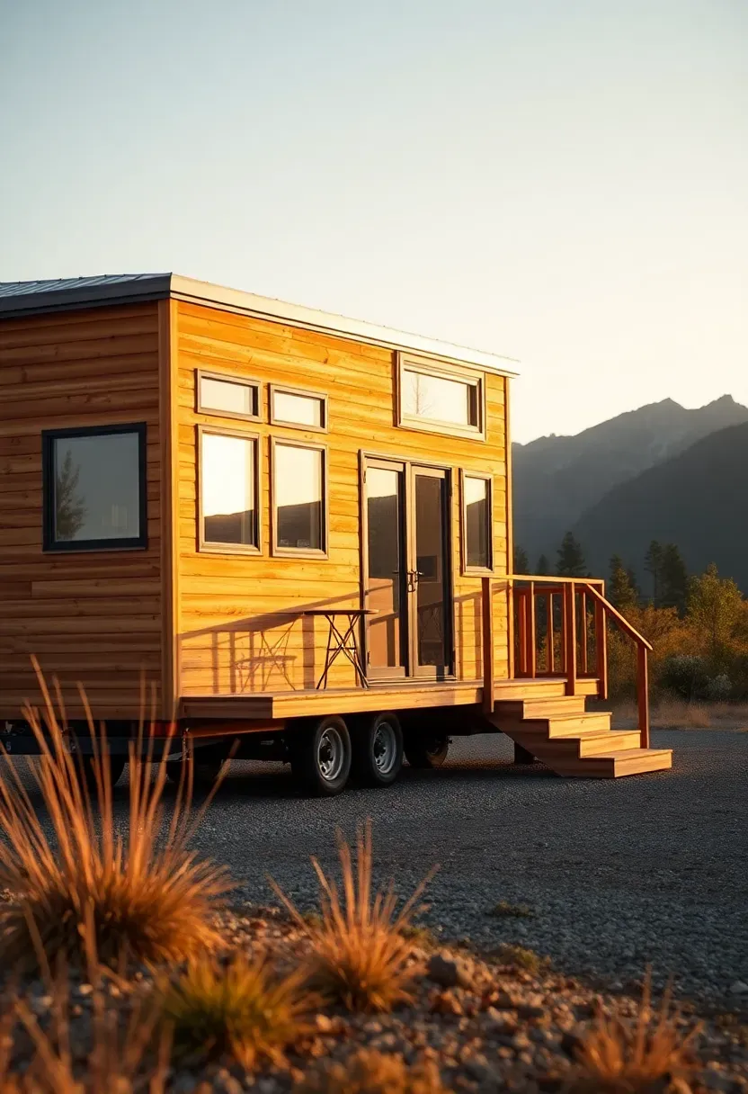 Hyper-realistic 3/4 view of a modern tiny house on wheels parked in a scenic natural setting with mountains in background. The house features cedar siding, large windows, metal roof, and wooden deck. Materials: natural cedar wood, metal roofing, glass windows. Warm golden hour sunlight casting soft shadows, minimalist landscaping with gravel and native grasses. Serene sustainable living mood, architectural depth of field, no text or logos.</p>